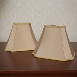 Pair of Antique Gold Rectangle Cut Corner Lampshades Inverted Decorative Trim